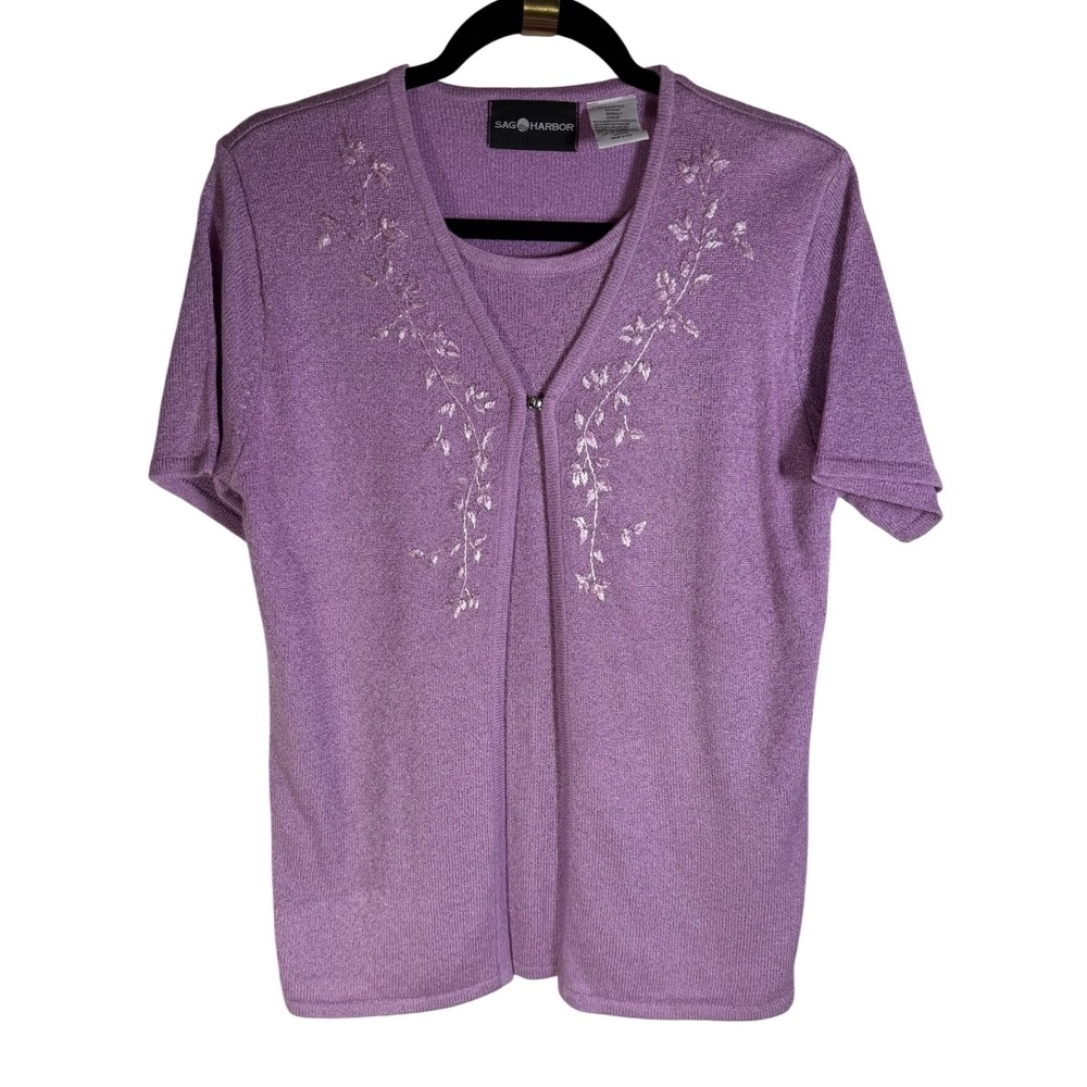 Sag Harbor Womens Purple Embroidered Short Sleeve Sweater Faux Twin Set Small